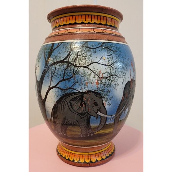 Marked Elephant Painted Wood Vase 11.5 Inch Multiple Elephants Red Yellow - Picture 3 of 16